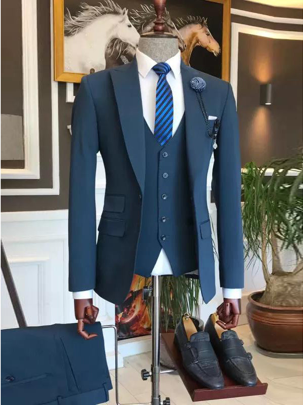 Blue 3 Piece 1 Button Peak Lapel suit