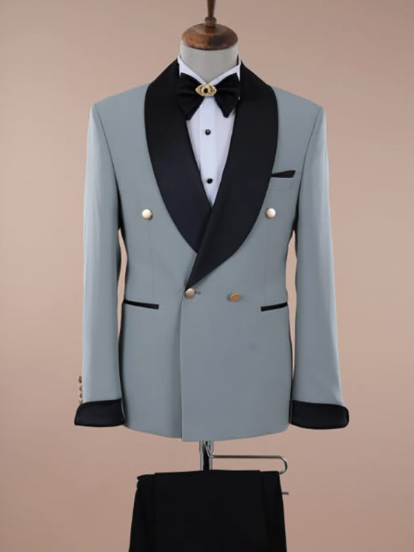 Grey 2-piece Double-breasted Shawl Lapel suit