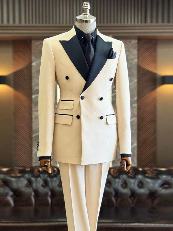 Beige 2-piece Double-breasted Peak Lapel suit
