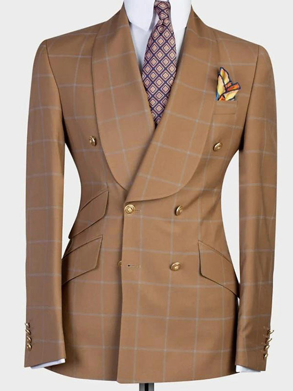 Brown Plaid 2-piece double-breasted Shawl Lapel suit