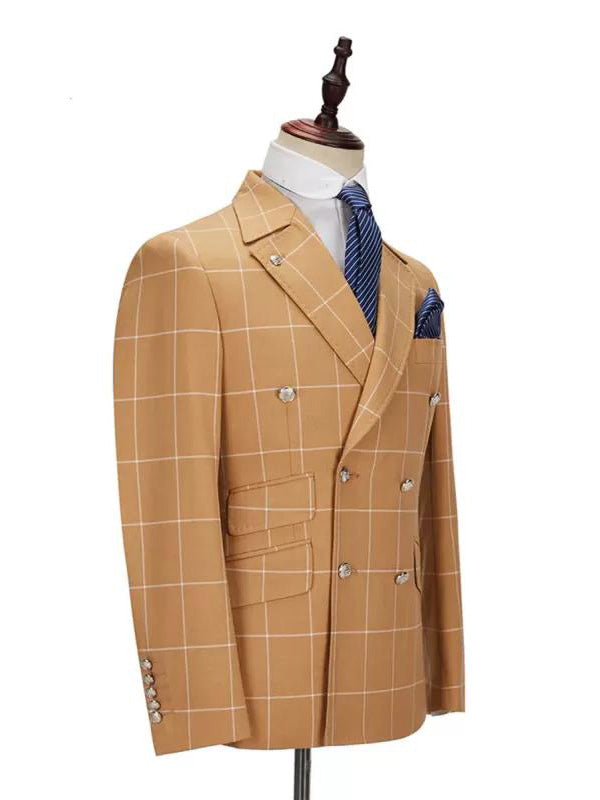 Brown Plaid 2-piece Double-breasted Peak Lapel suit