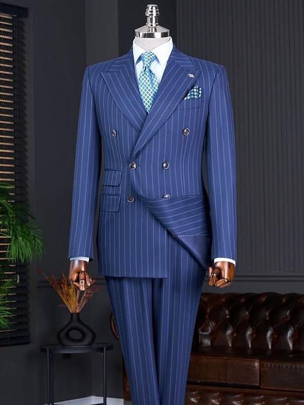 Blue striped 2-piece double-breasted Peak Lapel suit