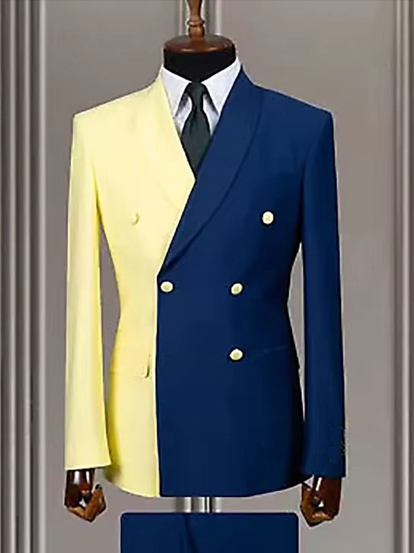 Yellow-blue 2 Piece Shawl Lapel Double-breasted Suit