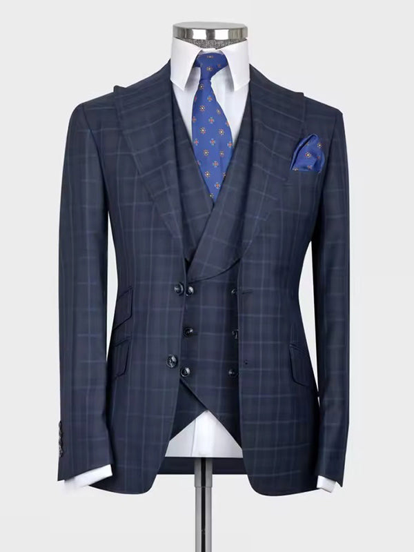 Blue Plaid 3 Piece Peak Lapel Single Breasted Suit