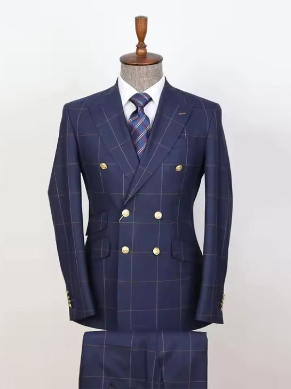Blue Pliad 2 Piece Peak Lapel Double-breasted Suit
