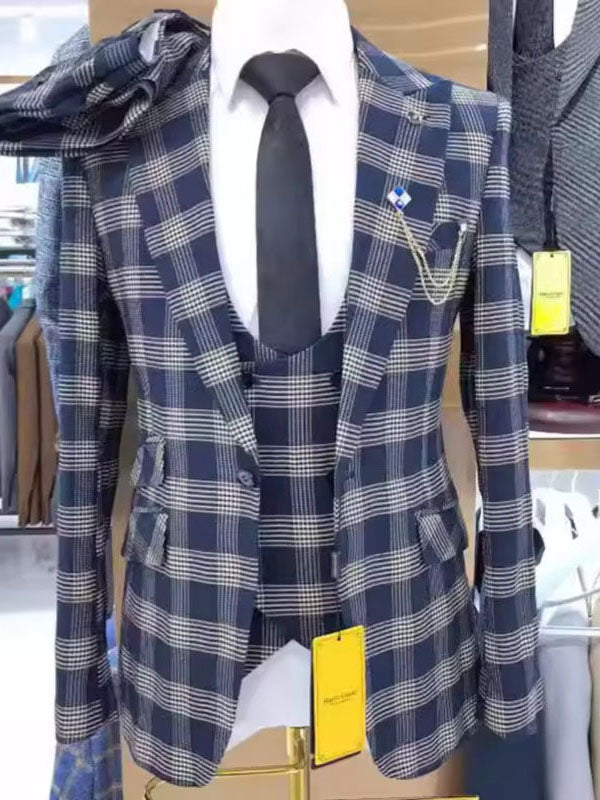 Blue Plaid 3 Piece Peak Lapel Single Breasted Suit