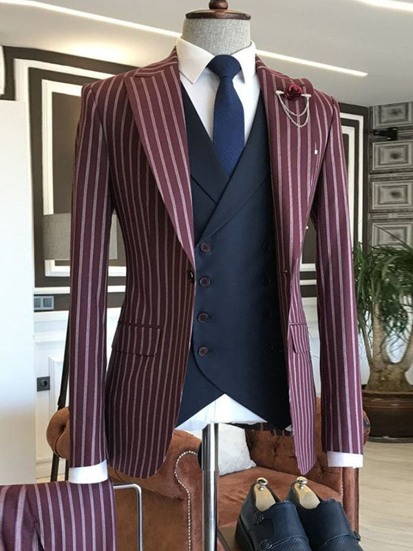 Purple Stripe 3 Piece Single Breasted Peak Lapel Suit