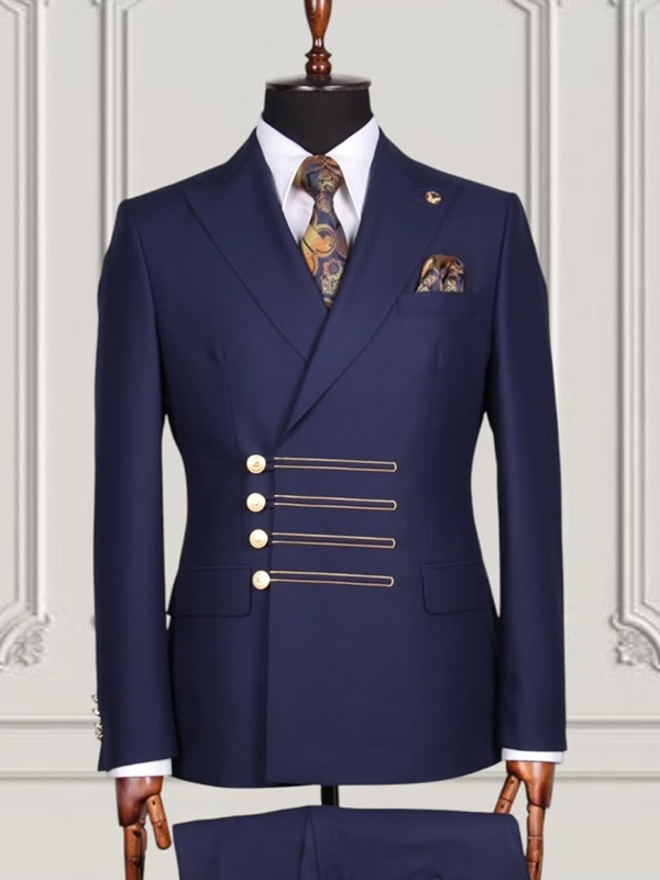 Navy blue 2-piece unique button Peak Lapel suit