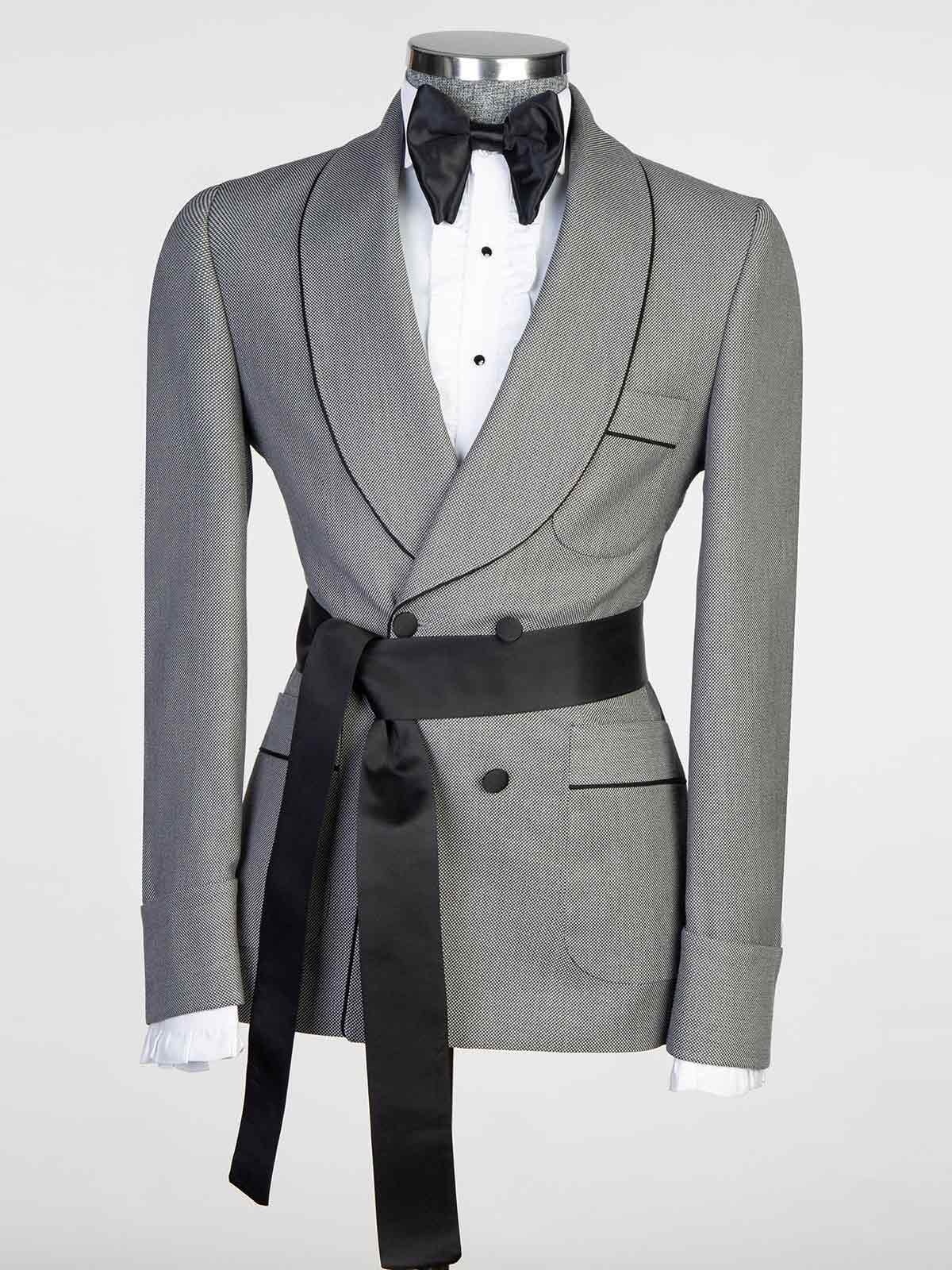 Grey 2-piece with belt Shawl Lapel suit