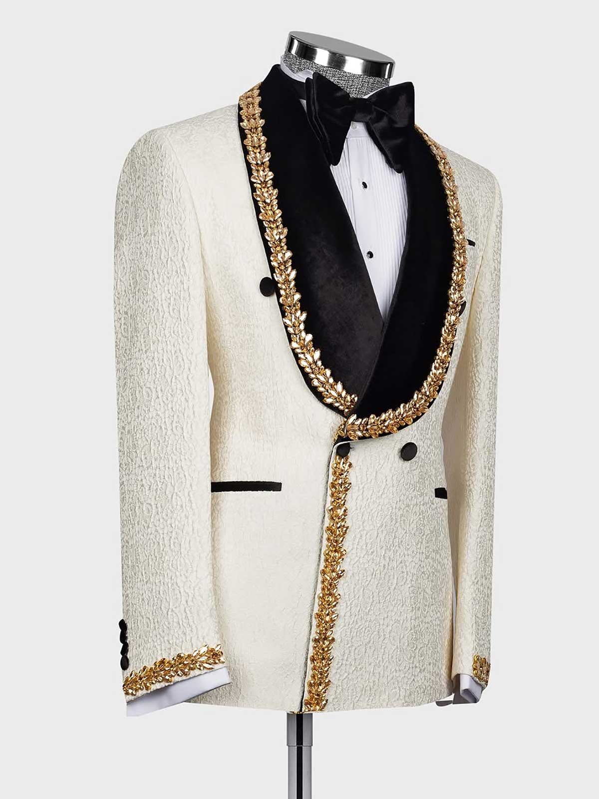 Beige Jacquard 2-piece Double-breasted Shawl Lapel suit
