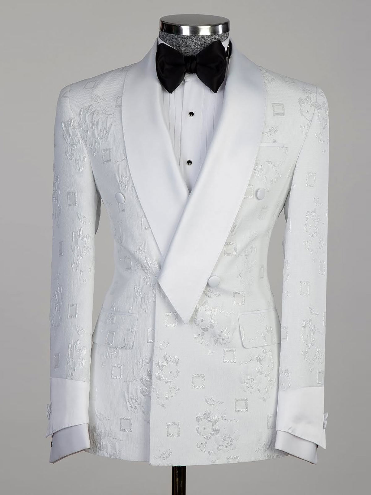 White jacquard 2-piece with belt Shawl Lapel suit
