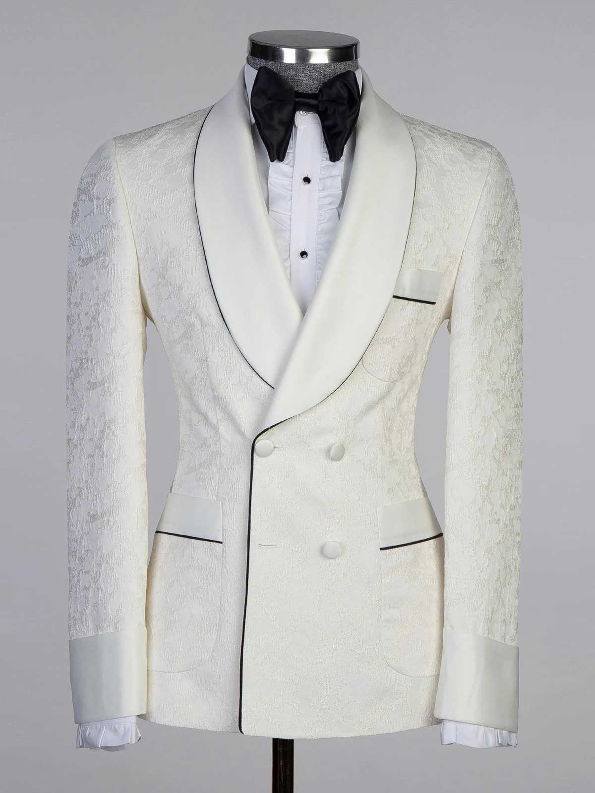 Beige jacquard 2-piece with belt Shawl Lapel suit