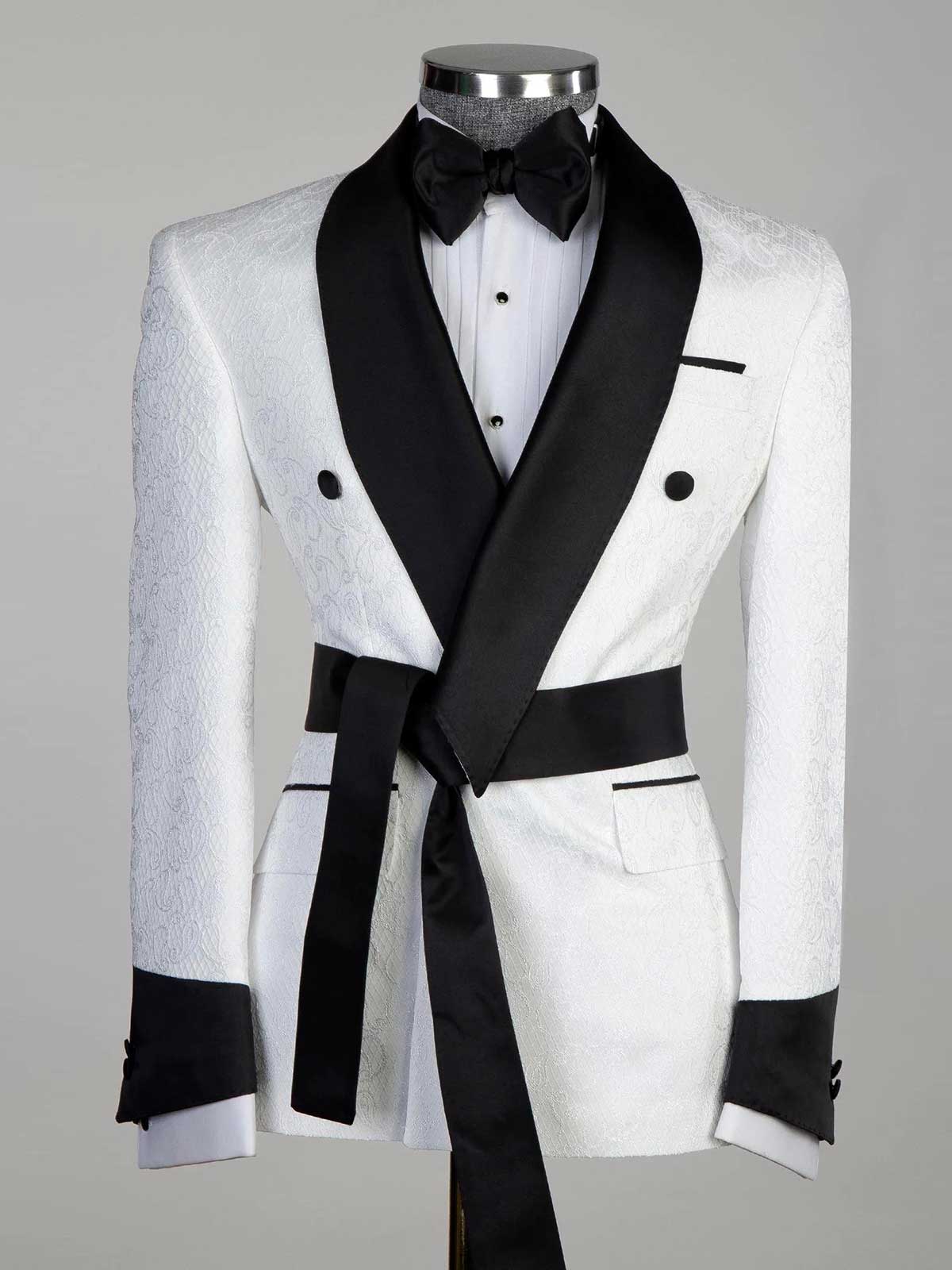 White jacquard 2-piece with belt black Shawl Lapel suit
