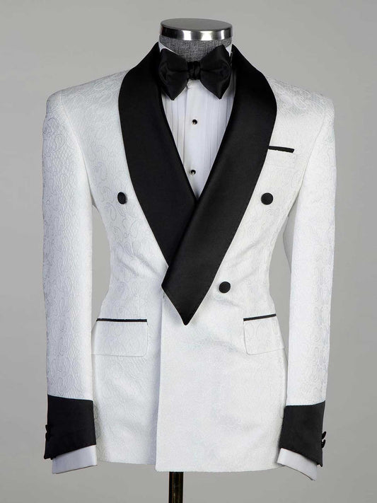 White jacquard 2-piece with belt black Shawl Lapel suit
