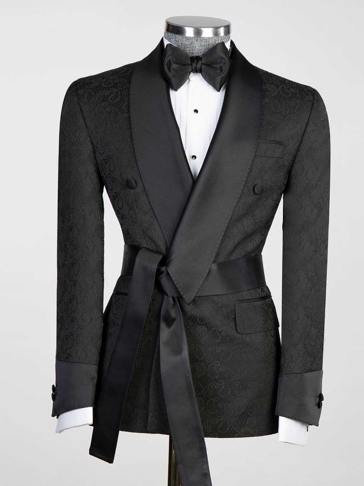 Black jacquard 2-piece with belt black Shawl Lapel suit