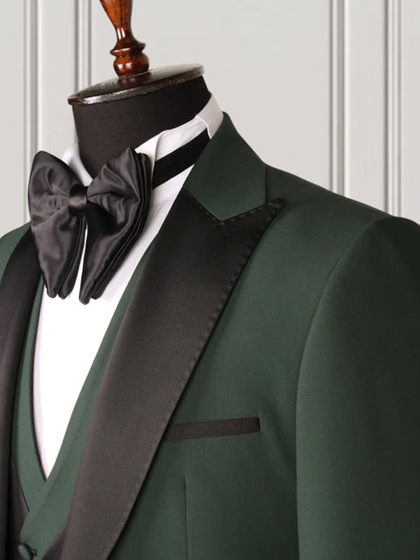 Green 3-piece 1-button Peak Lapel suit