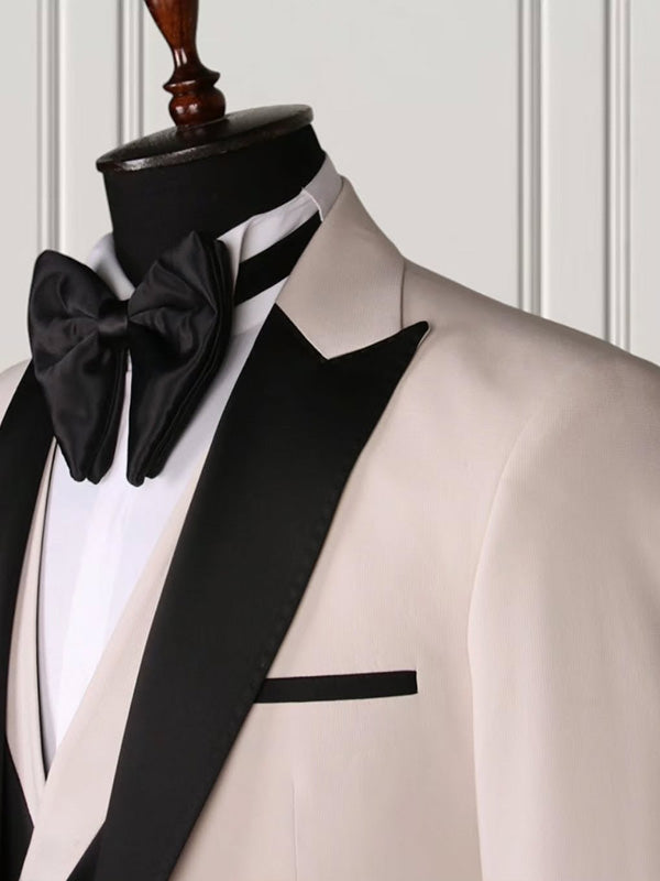 Beige 3-piece 1-button Peak Lapel suit