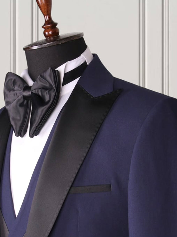 Navy Blue 3-piece 1-button Peak Lapel suit