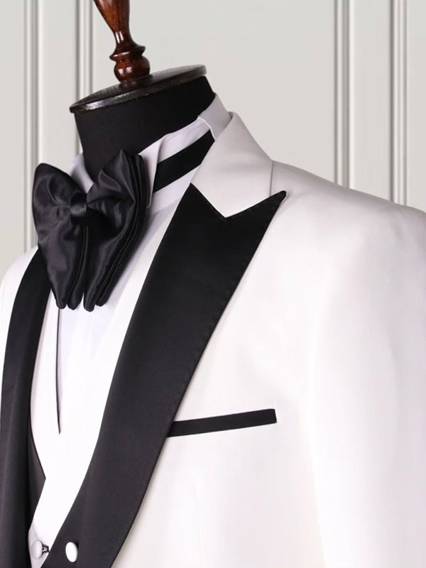 White 3-piece 1-button Peak Lapel suit