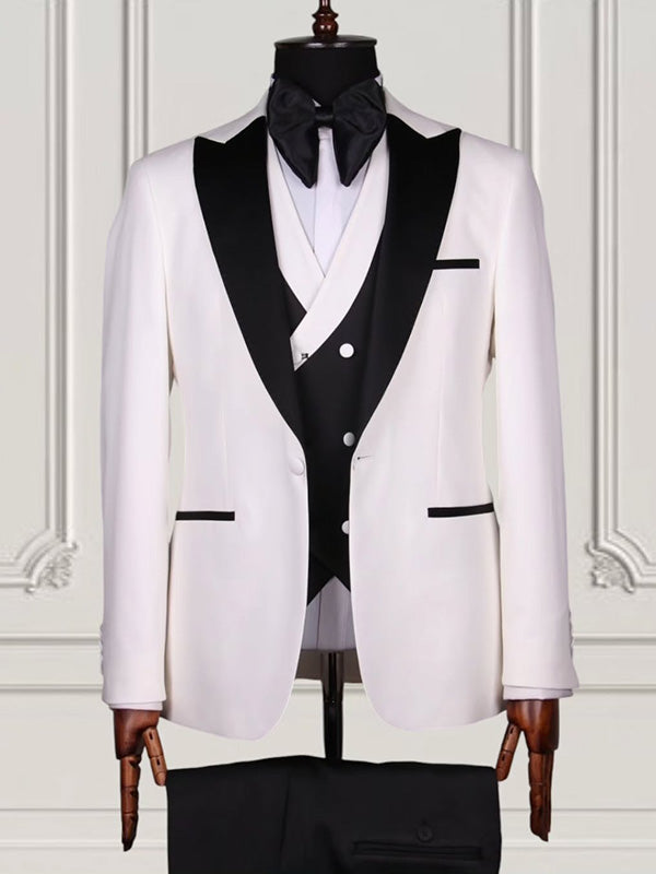 White 3-piece 1-button Peak Lapel suit