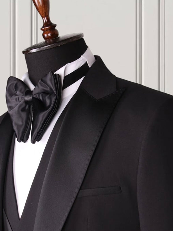 Black 3-piece 1-button Peak Lapel suit
