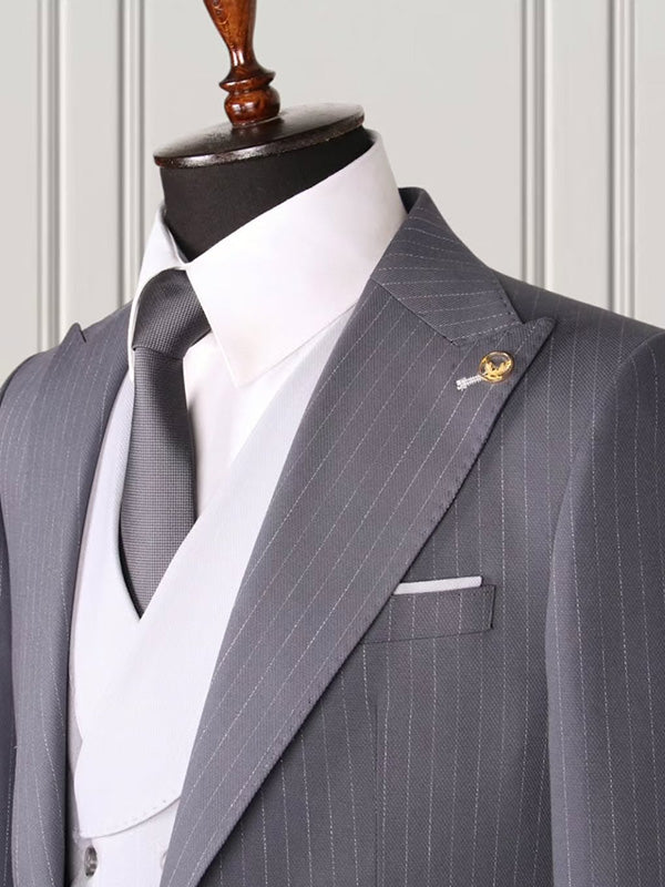 Grey Stripe 2-piece 1-button Peak Lapel suit