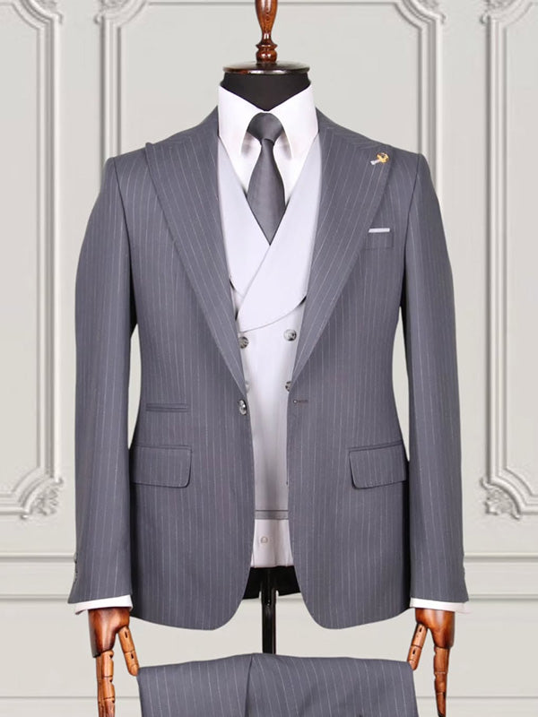 Grey Stripe 2-piece 1-button Peak Lapel suit
