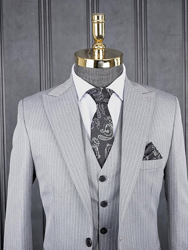 Grey striped 3-piece 1-button Peak Lapel suit