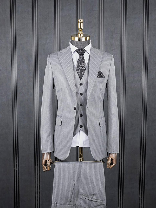 Grey striped 3-piece 1-button Peak Lapel suit