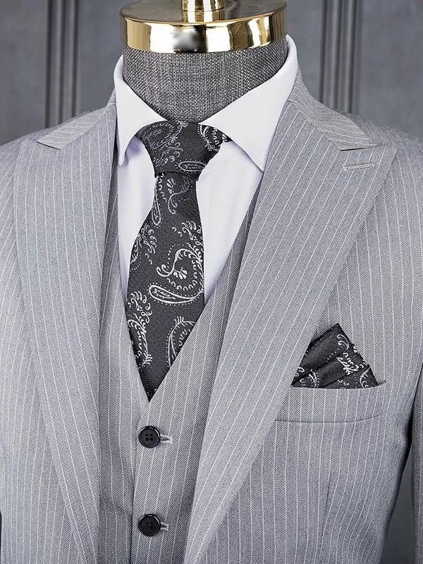 Grey striped 3-piece 1-button Peak Lapel suit