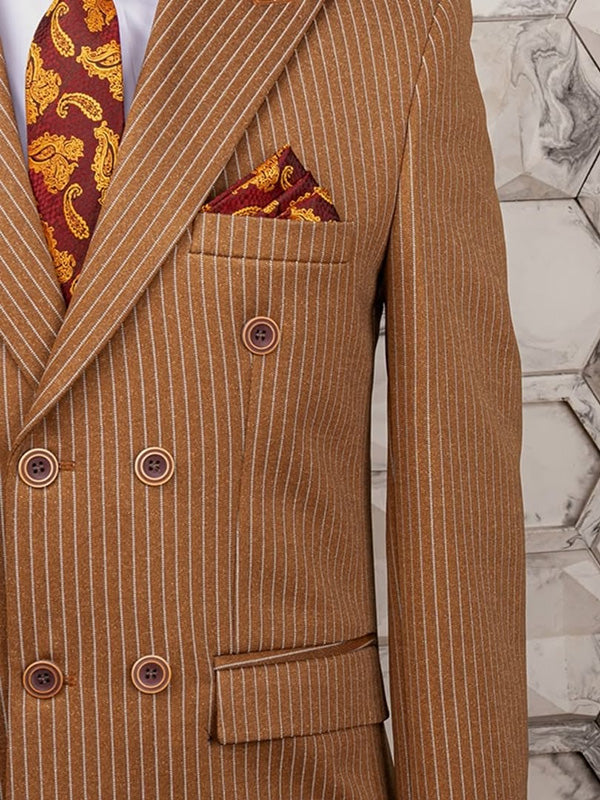 Brown striped 2-piece double-breasted Peak Lapel suit