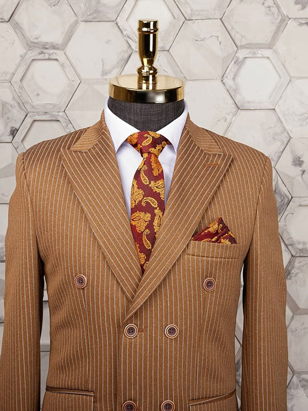 Brown striped 2-piece double-breasted Peak Lapel suit