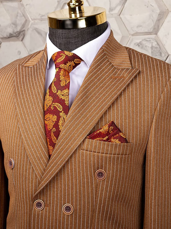 Brown striped 2-piece double-breasted Peak Lapel suit