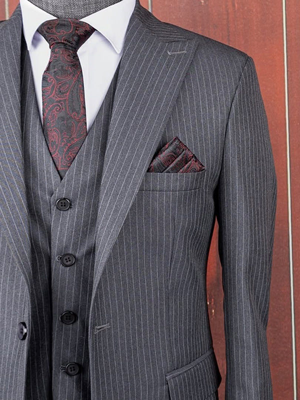 Grey Striped 3-piece 1-button Peak Lapel suit