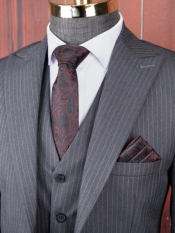 Grey Striped 3-piece 1-button Peak Lapel suit