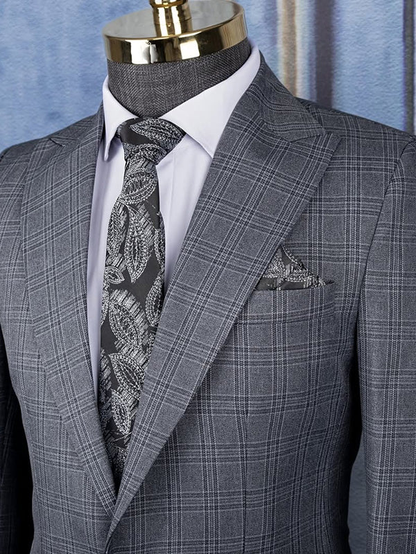 Grey Plaid 2-piece 1-button Peak Lapel suit