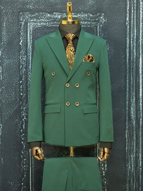 Green 2 Piece Double Breasted Peak Lapel suit