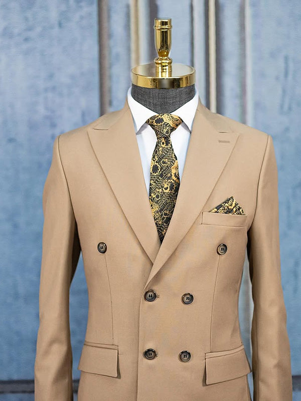 Light Brown 2 Piece Double Breasted Peak Lapel Suit