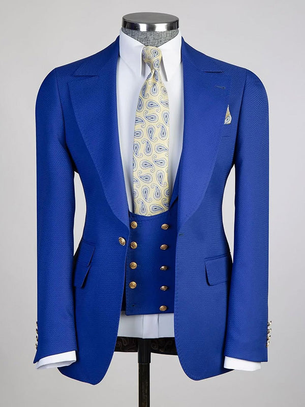 Blue 3-piece Single-breasted Peak Lapel suit