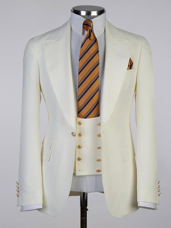 White 3-piece single-breasted Peak Lapel suit