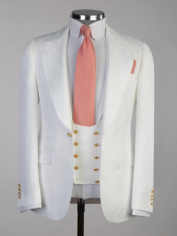 Pure white 3-piece single-breasted Peak Lapel suit
