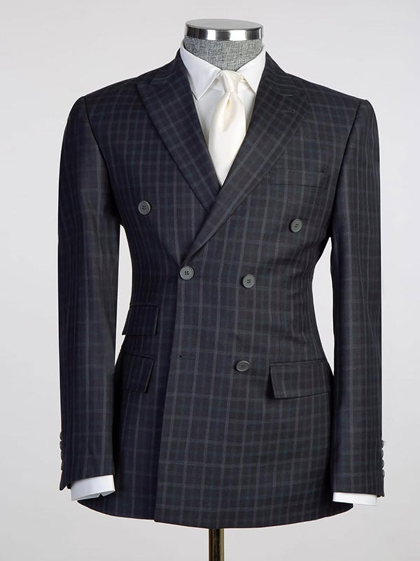 Black plaid 2-piece double-breasted Peak Lapel suit