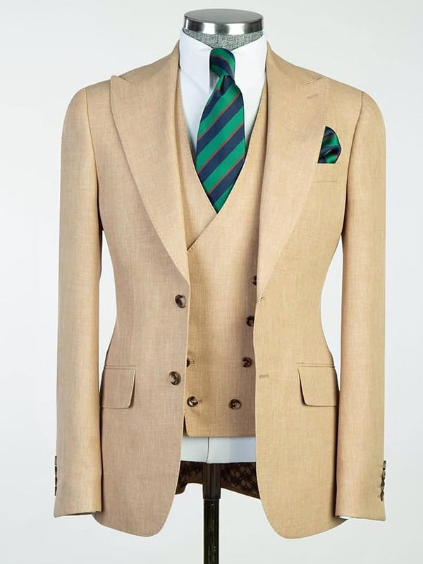 Khaki 3-piece single breasted Peak Lapel suit