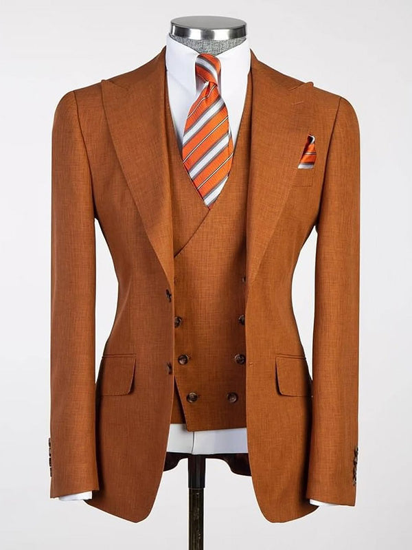 Orange 3-piece single breasted Peak Lapel suit