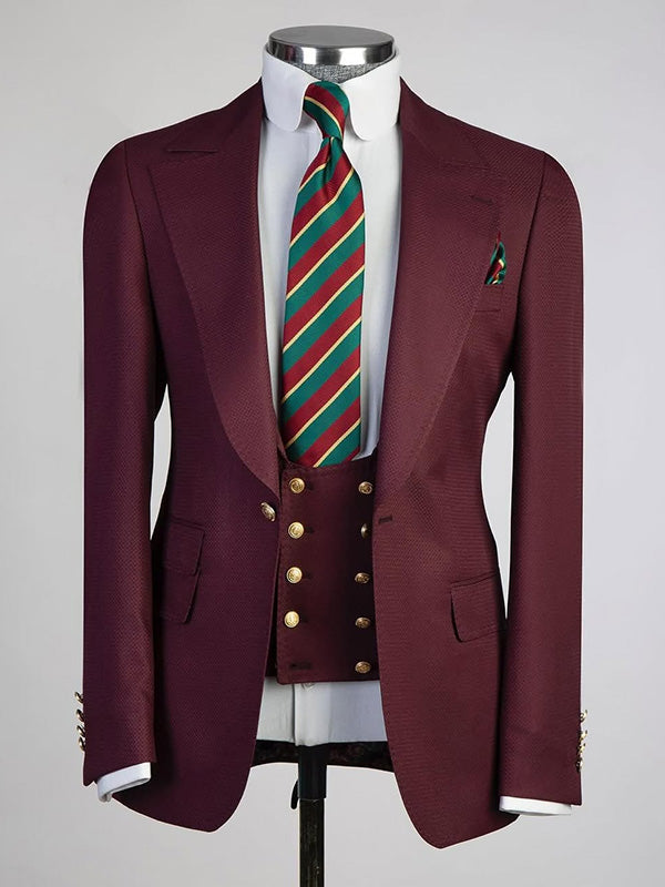 Burgundy 3-piece single-breasted Peak Lapel suit