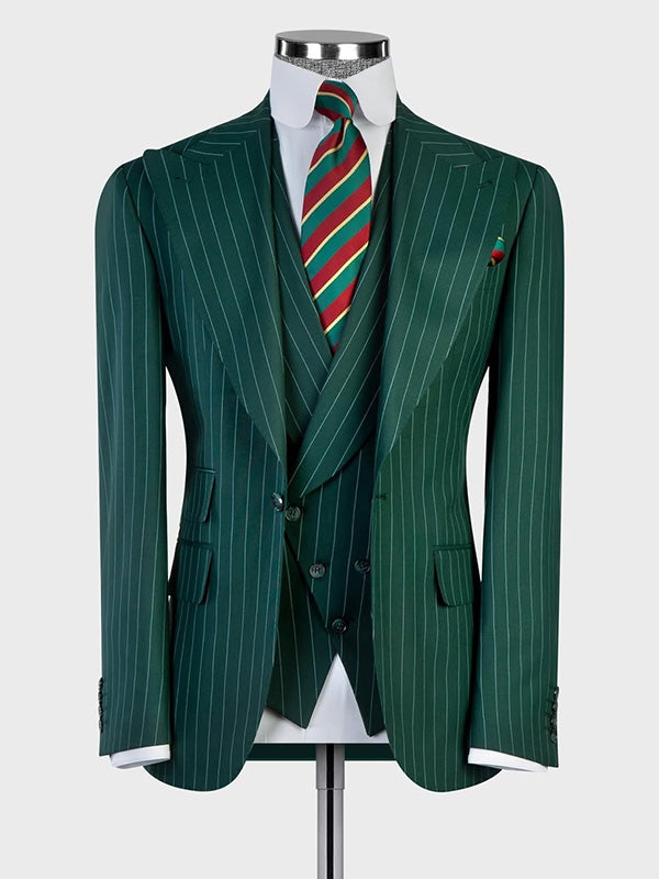 Green Stripe 3-piece single-breasted Peak Lapel suit