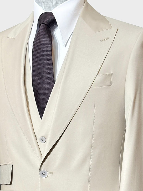 Beige 3-piece single-breasted Peak Lapel suit