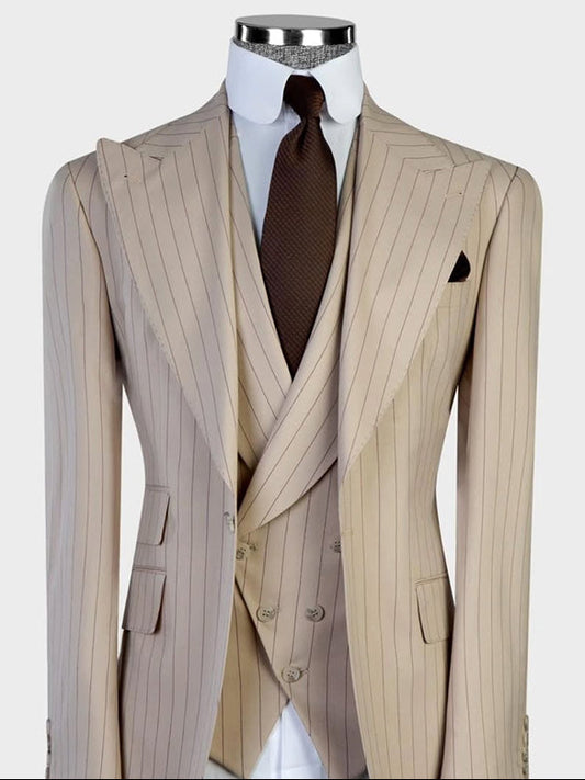 Khaki striped 3-piece single breasted Peak Lapel suit