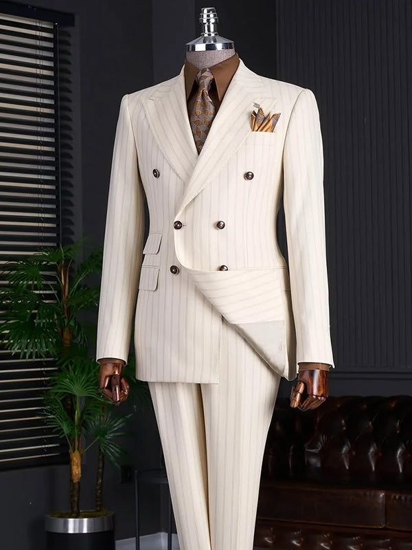 Beige striped 2-piece double-breasted Peak Lapel suit