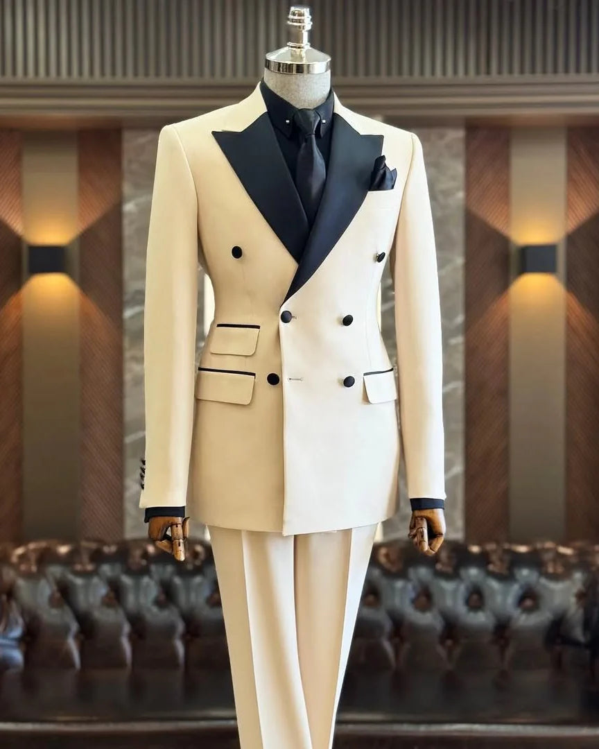 Beige 2-piece Double-breasted Peak Lapel Tuxedo
